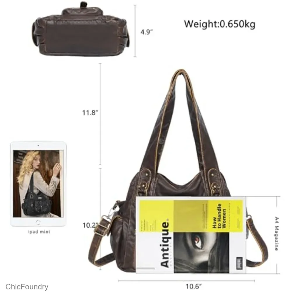 Faux Leather Hobo Bag with Adjustable Strap, 10x10x4.5 Inches, 5 Pockets